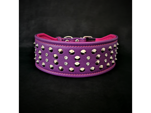 Bestia Zgarda Crystal, Piele Naturala, L, Violet/Roz