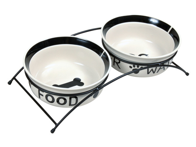 Trixie Set 2 Castroane Ceramice Cu Suport Metalic, 2x1,6 l/ø 20 cm/41x10x20 cm, Alb/Negru, 24642