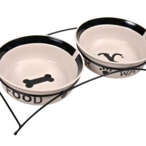 Trixie Set 2 Castroane Ceramice Cu Suport Metalic, 2x2.6 l/ø 25 cm/54x12x24 cm, Alb/Negru, 24643