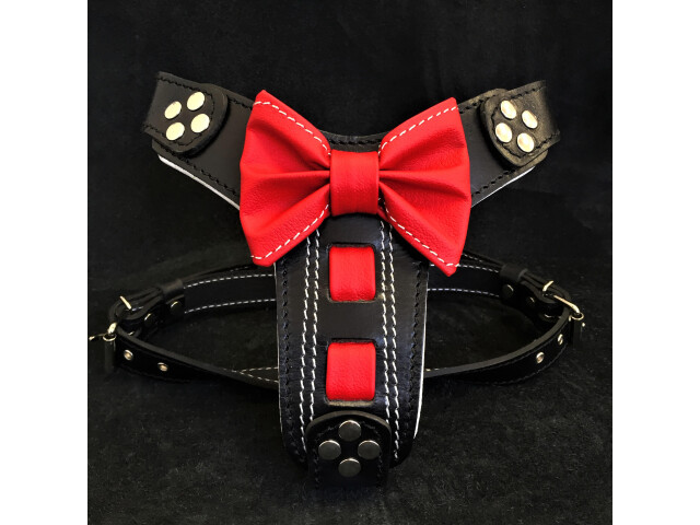Bestia Ham Bowtie-Papion, Piele Naturala, S: 40-73 cm, Negru/Rosu, pentru Pug, Bulldog, Jack Russel, etc - imagine 5