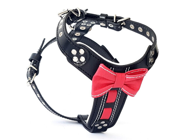 Bestia Ham Bowtie-Papion, Piele Naturala, S: 40-73 cm, Negru/Rosu, pentru Pug, Bulldog, Jack Russel, etc - imagine 4