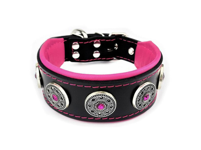 Bestia Zgarda Bijou, Piele Naturala, L: 42.5-50 cm, Negru/Roz, pentru Boxer, Retriever, etc