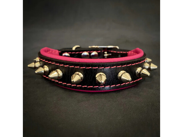 Bestia Zgarda Spiky, Piele Naturala, S: 25-30 cm, Roz