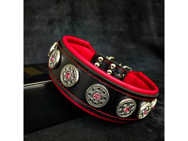 Bestia Zgarda Bijou, Piele Naturala, XL: 57.5-65 cm, Negru/Rosu, pentru Pug, Bulldog, Retriever, etc - imagine 3