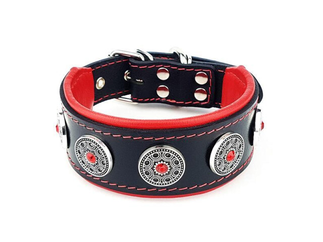 Bestia Zgarda Bijou, Piele Naturala, XL: 57.5-65 cm, Negru/Rosu, pentru Pug, Bulldog, Retriever, etc