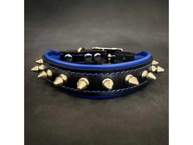 Bestia Zgarda Spiky, Piele Naturala, S: 25-30 cm, Albastru