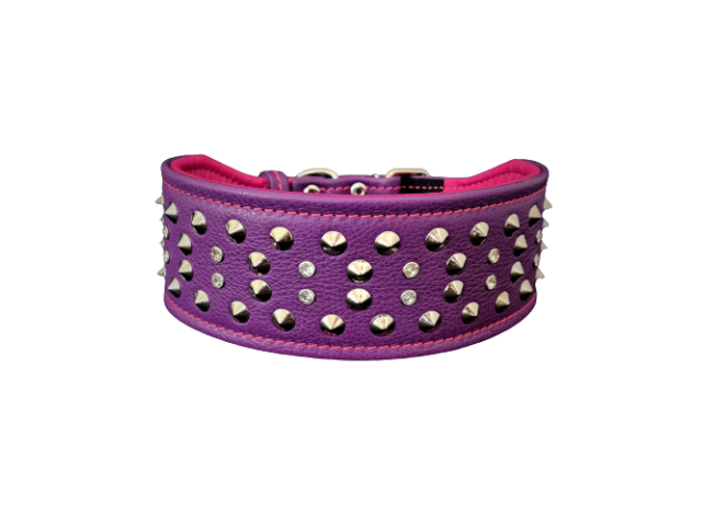 Bestia Zgarda Crystal, Piele Naturala, XL, Violet/Roz