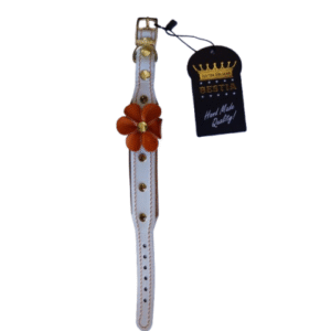 Bestia Zgarda Flower, Piele Naturala, M: 30-35 cm, Alb/Maro/Portocaliu