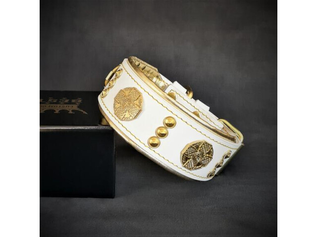 Bestia Zgarda Maximus, Piele Naturala, M, Alb/Galben