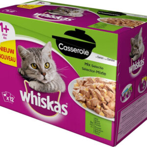 Whiskas Hrana Umeda Pentru Pisici, Whiskas Casserole Adult, Mix Selectie Cu Pui/Somon/Vita/Ton In Jeleu, 12x85 g