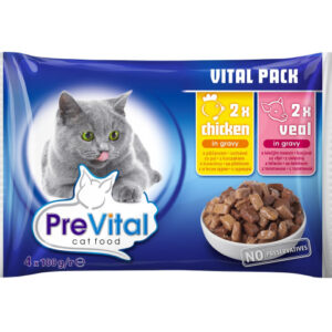 PreVital Hrana Umeda Pentru Pisici, Prevital Vital Pack, Cu Pui/Vitel, 4x100 g