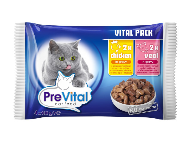 PreVital Hrana Umeda Pentru Pisici, Prevital Vital Pack, Cu Pui/Vitel, 4x100 g