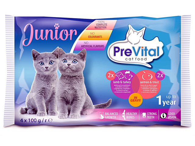 PreVital Hrana Umeda Pentru Pisici, Prevital Junior, Cu Miel/Curcan Si Somon/Pastrav, 4x100 g
