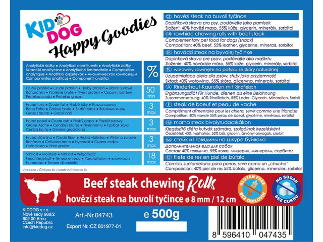 KidDog Recompense Pentru Caini, Rulouri Cu Friptura De Vita, 8 mm/12 cm, 500 g, A04743