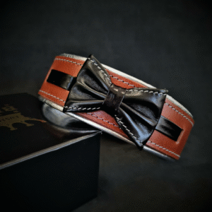 Bestia Zgarda Bowtie-Papion, Piele Naturala, M, Maro/Negru