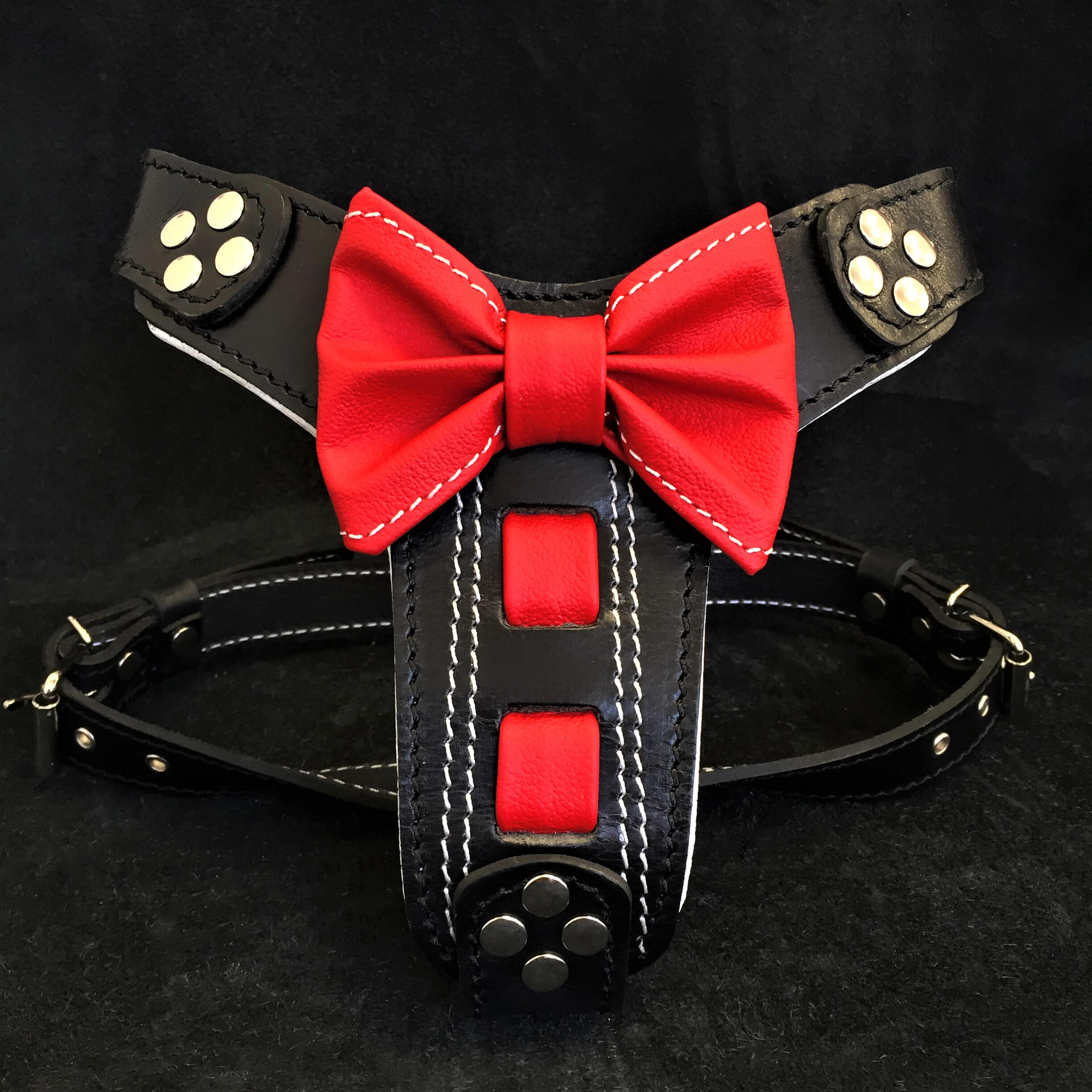 Bestia Ham Bowtie-Papion, Piele Naturala, S: 40-73 cm, Negru/Rosu, pentru Pug, Bulldog, Jack Russel, etc - imagine 10