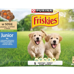 Purina Hrana Umeda Pentru Caini, Friskies Junior, cu Pui si Morcovi in Sos, 4x85 g